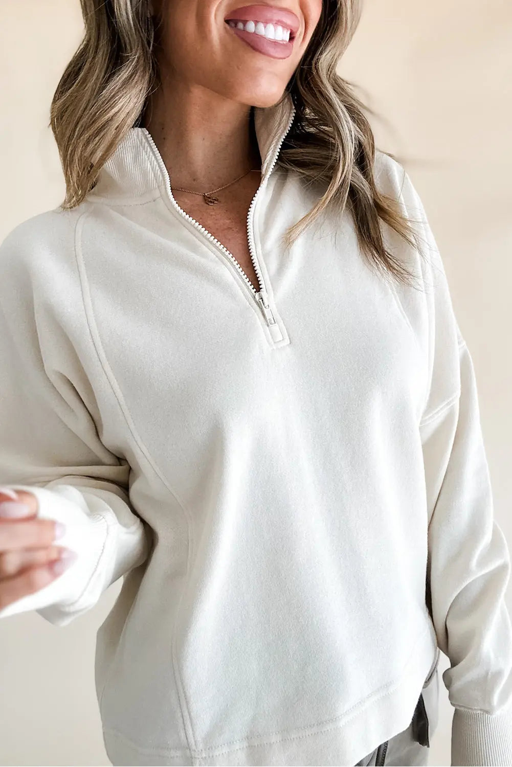 Black Zipped Neck Pullover Drop Shoulder Sweatshirt Beagle Boutique Fashion Outlet