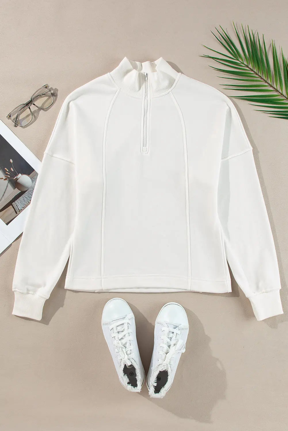 Black Zipped Neck Pullover Drop Shoulder Sweatshirt Beagle Boutique Fashion Outlet