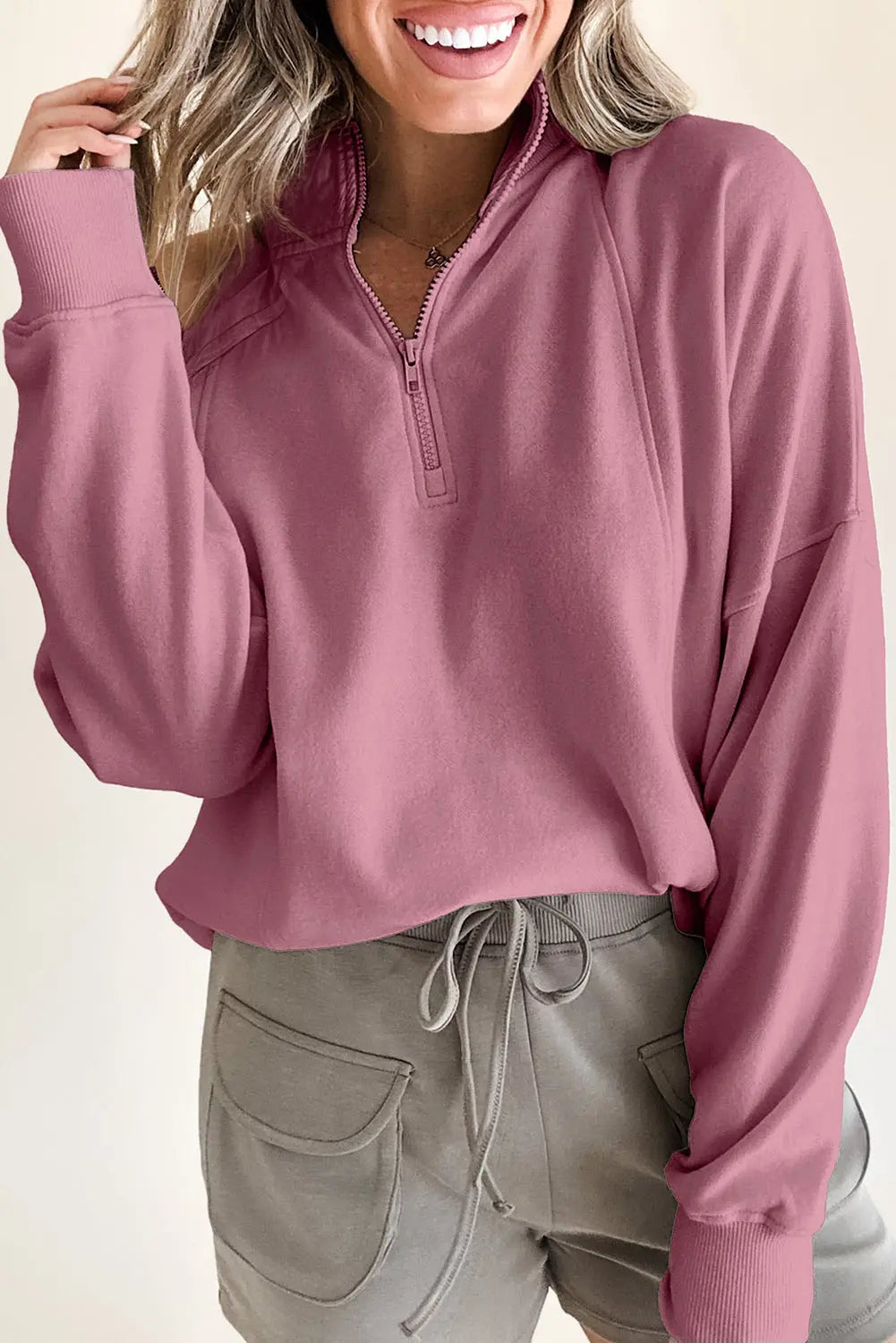 Black Zipped Neck Pullover Drop Shoulder Sweatshirt Beagle Boutique Fashion Outlet