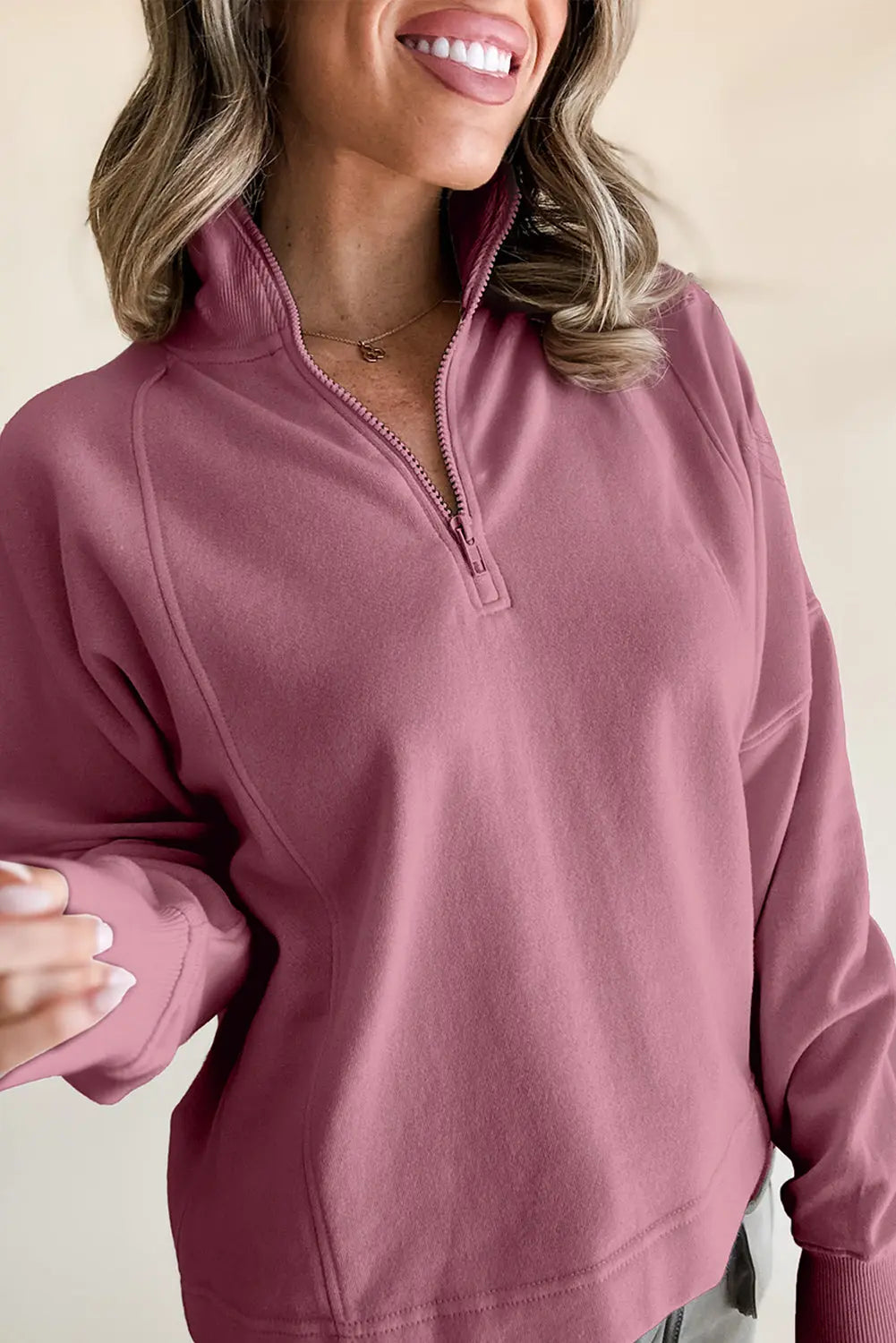 Black Zipped Neck Pullover Drop Shoulder Sweatshirt Beagle Boutique Fashion Outlet