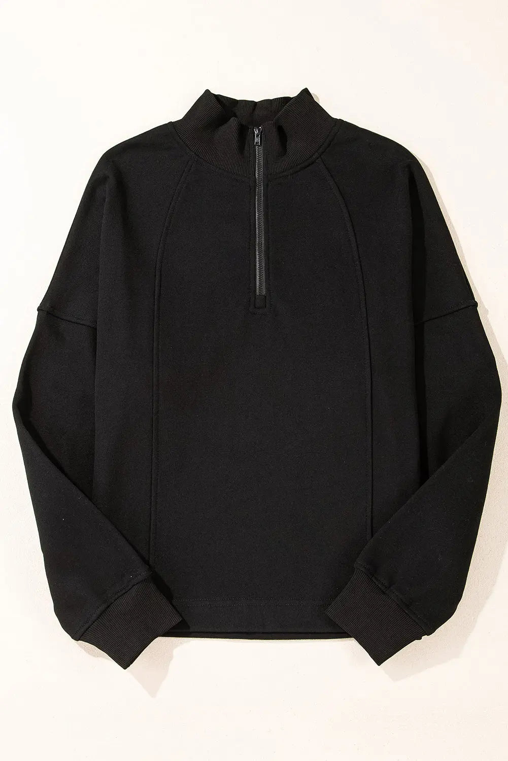Black Zipped Neck Pullover Drop Shoulder Sweatshirt Beagle Boutique Fashion Outlet