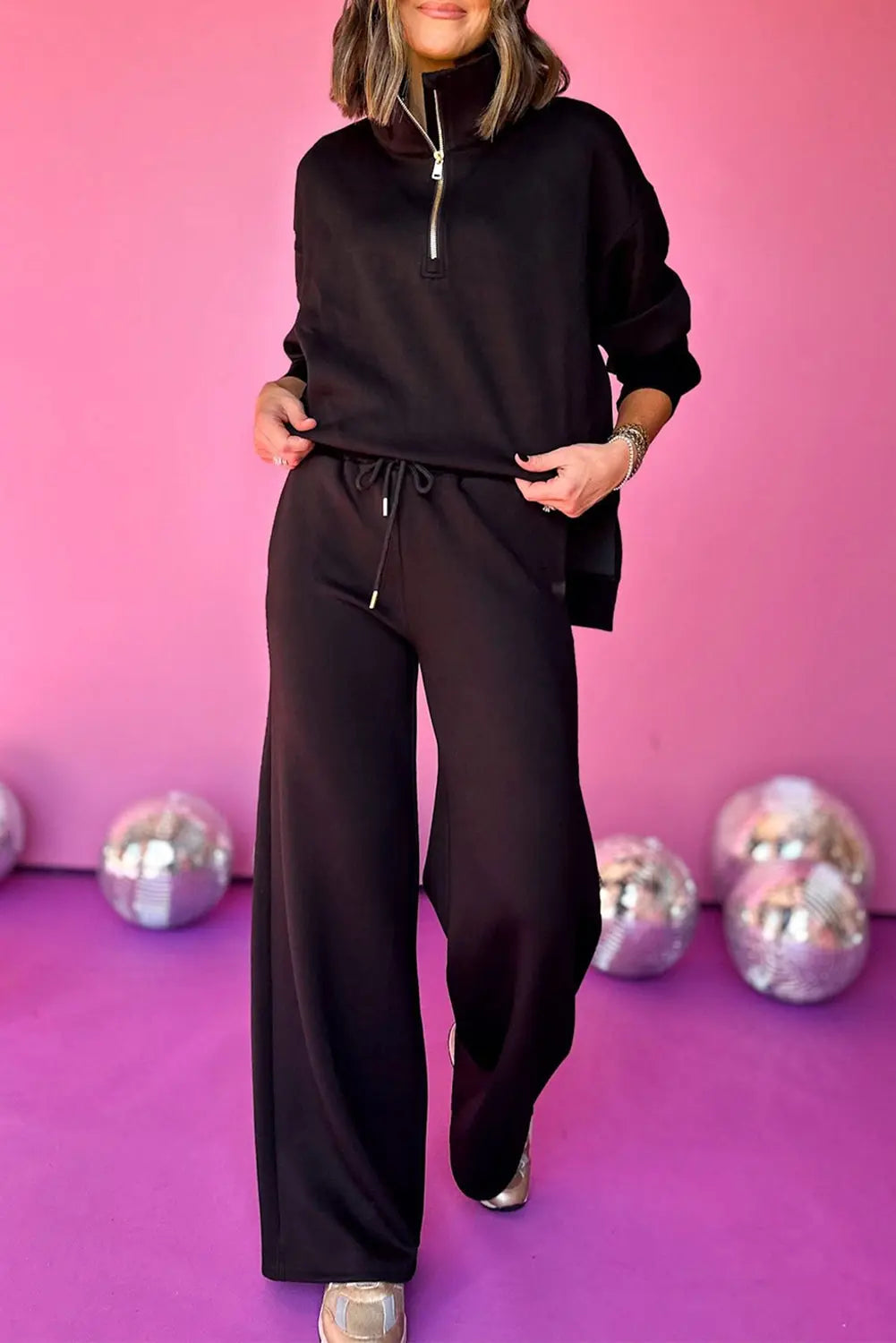 Black Zipper Stand Neck Top and Wide Leg Trousers Set Beagle Boutique Fashion Outlet