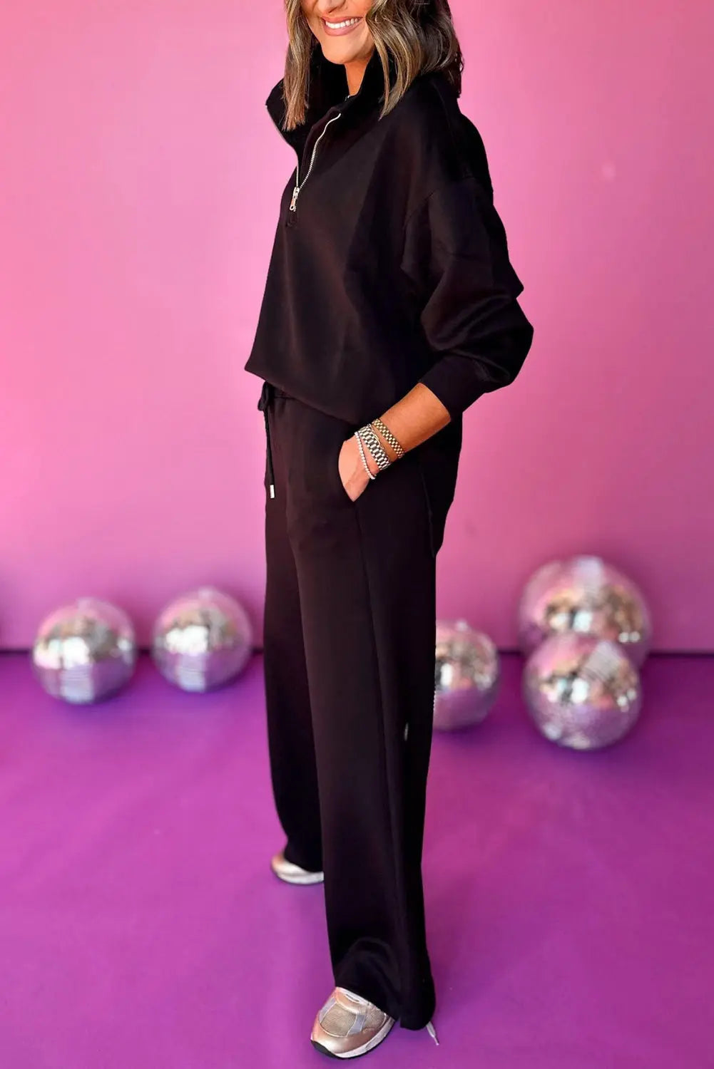 Black Zipper Stand Neck Top and Wide Leg Trousers Set Beagle Boutique Fashion Outlet