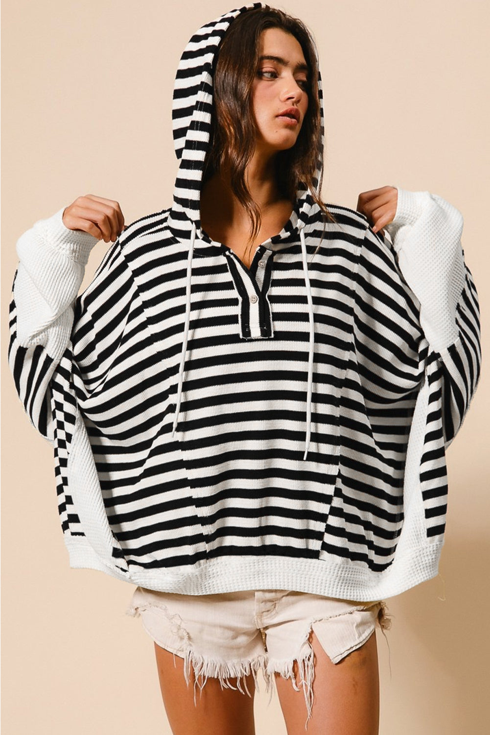 Black white Oversized Striped Henley Buttons Dolman Sleeve Hooded Top - eAura