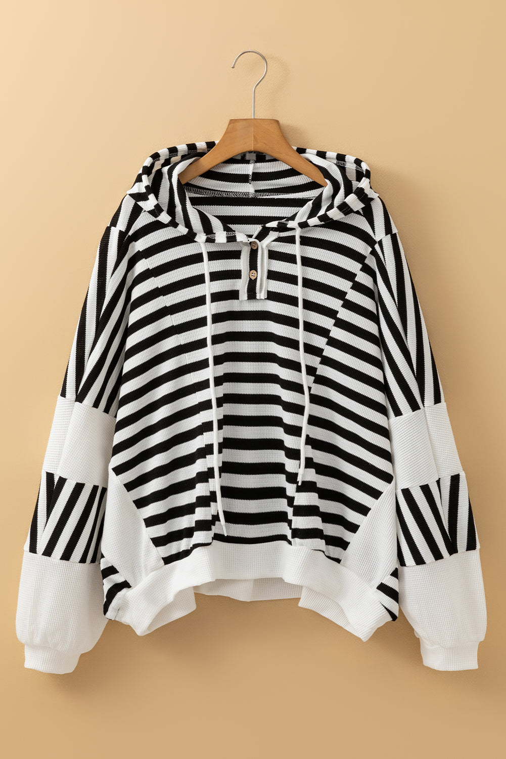 Black white Oversized Striped Henley Buttons Dolman Sleeve Hooded Top - Tops/Sweatshirts & Hoodies