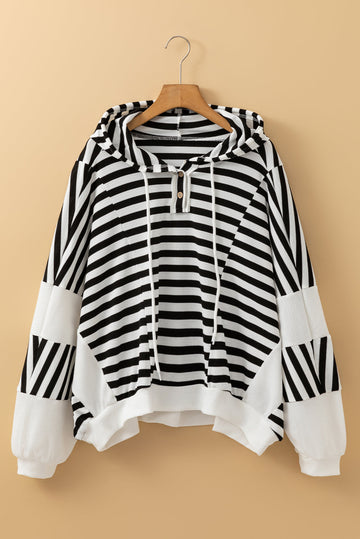 Black white Oversized Striped Henley Buttons Dolman Sleeve Hooded Top - Tops/Sweatshirts & Hoodies