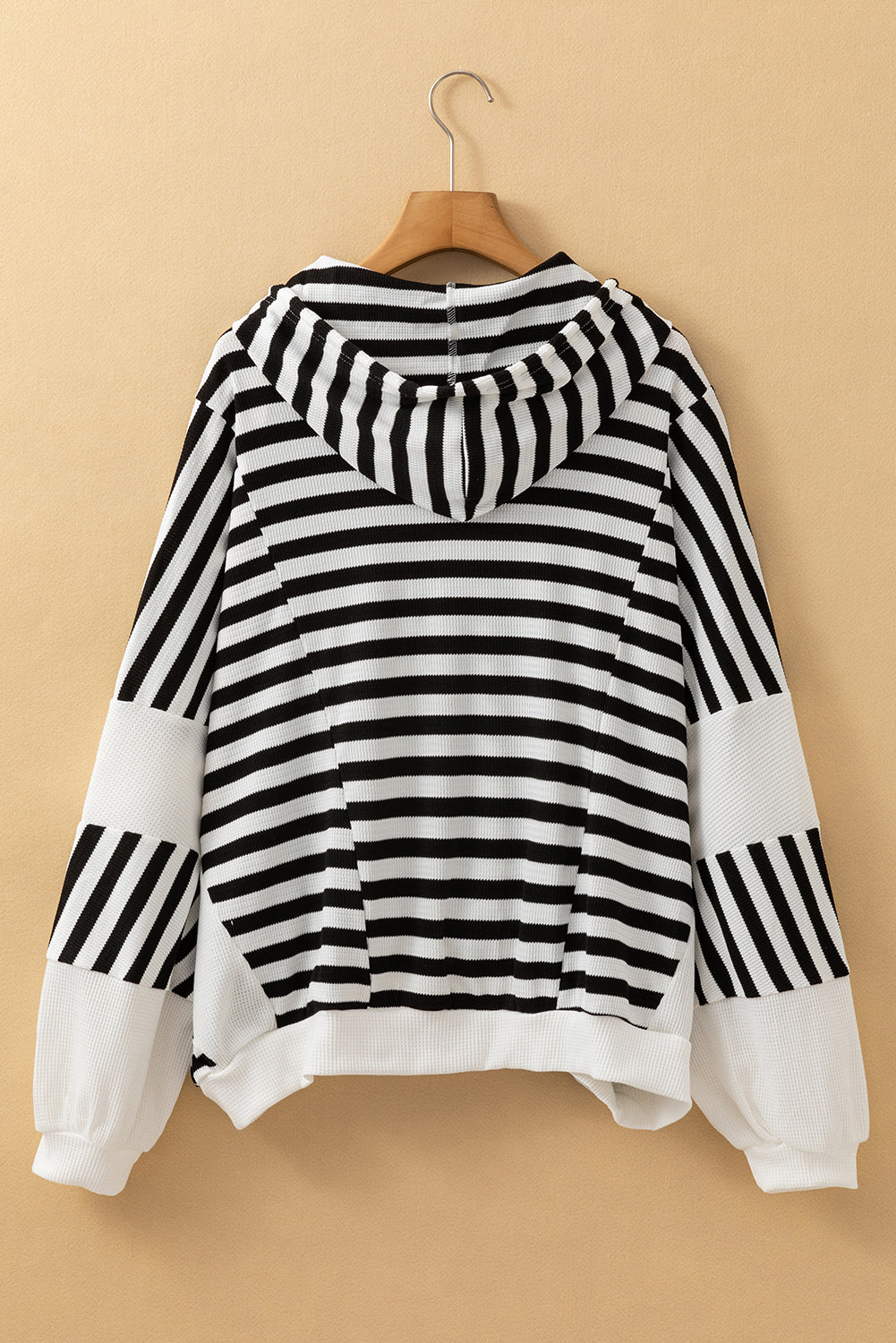 Black white Oversized Striped Henley Buttons Dolman Sleeve Hooded Top - Tops/Sweatshirts & Hoodies