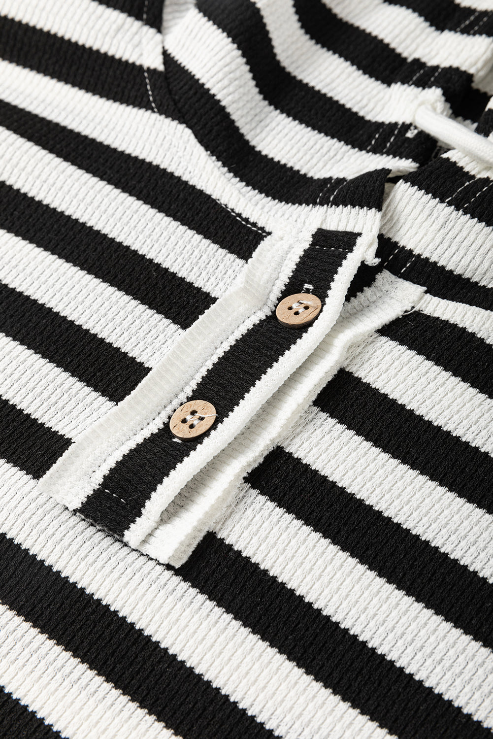Black white Oversized Striped Henley Buttons Dolman Sleeve Hooded Top - Tops/Sweatshirts & Hoodies