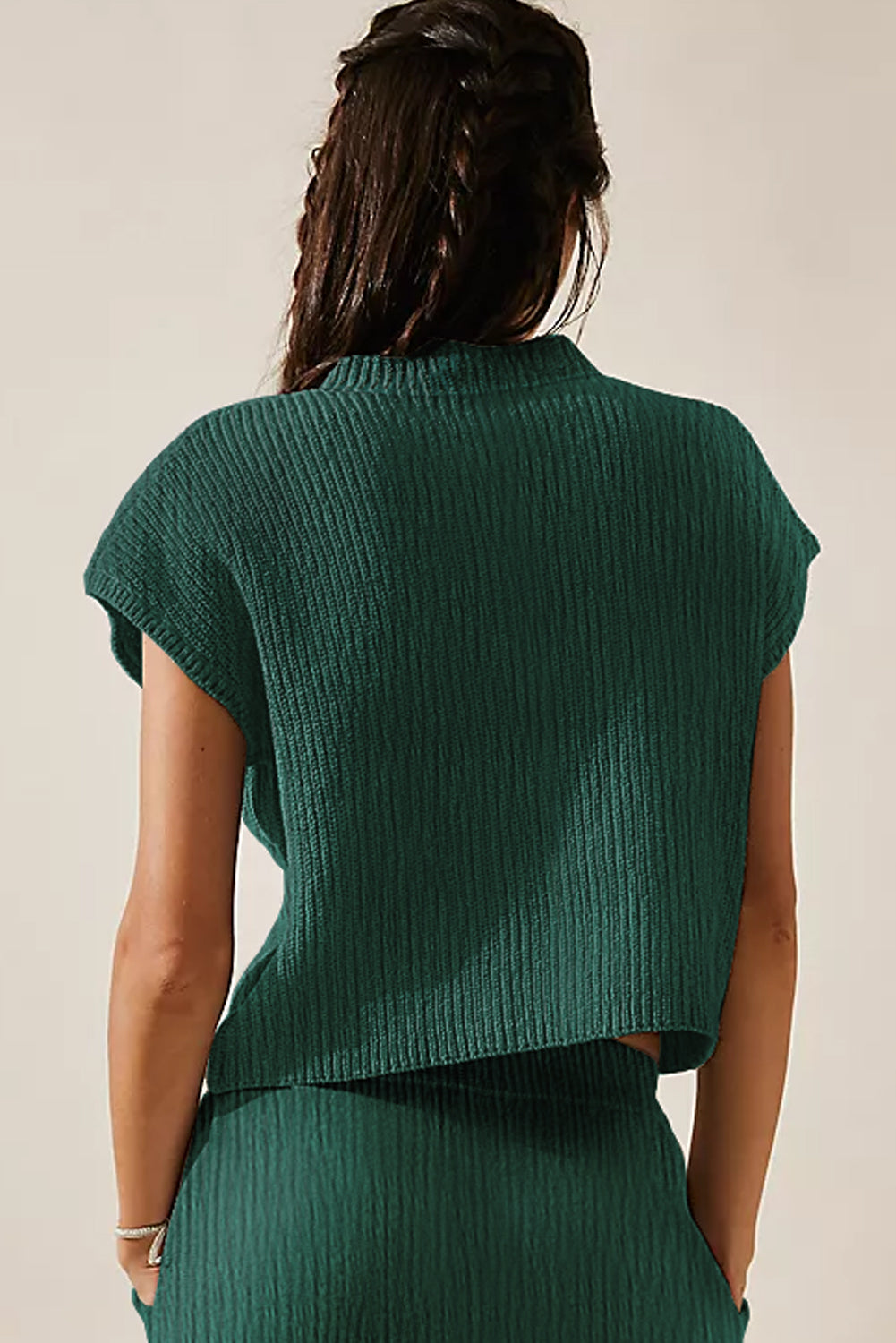 Blackish Green Chest Pocket V Neck Ribbed Cap Sleeve Sweater - eAura