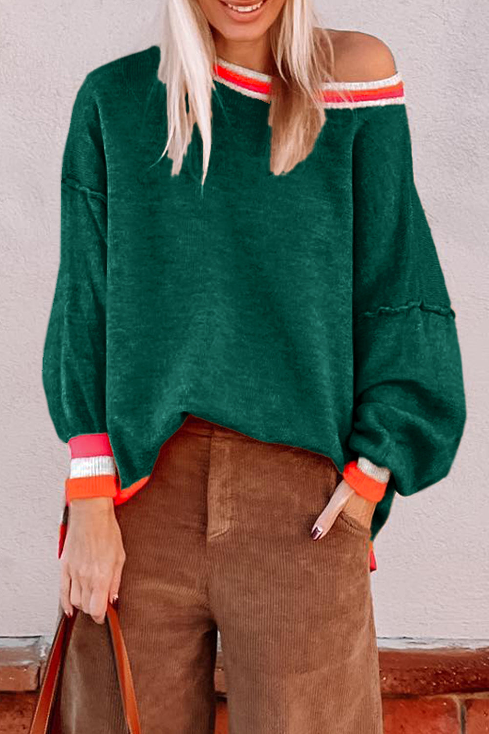 Blackish Green Colourblock Striped Trim Drop Shoulder Sweater - eAura
