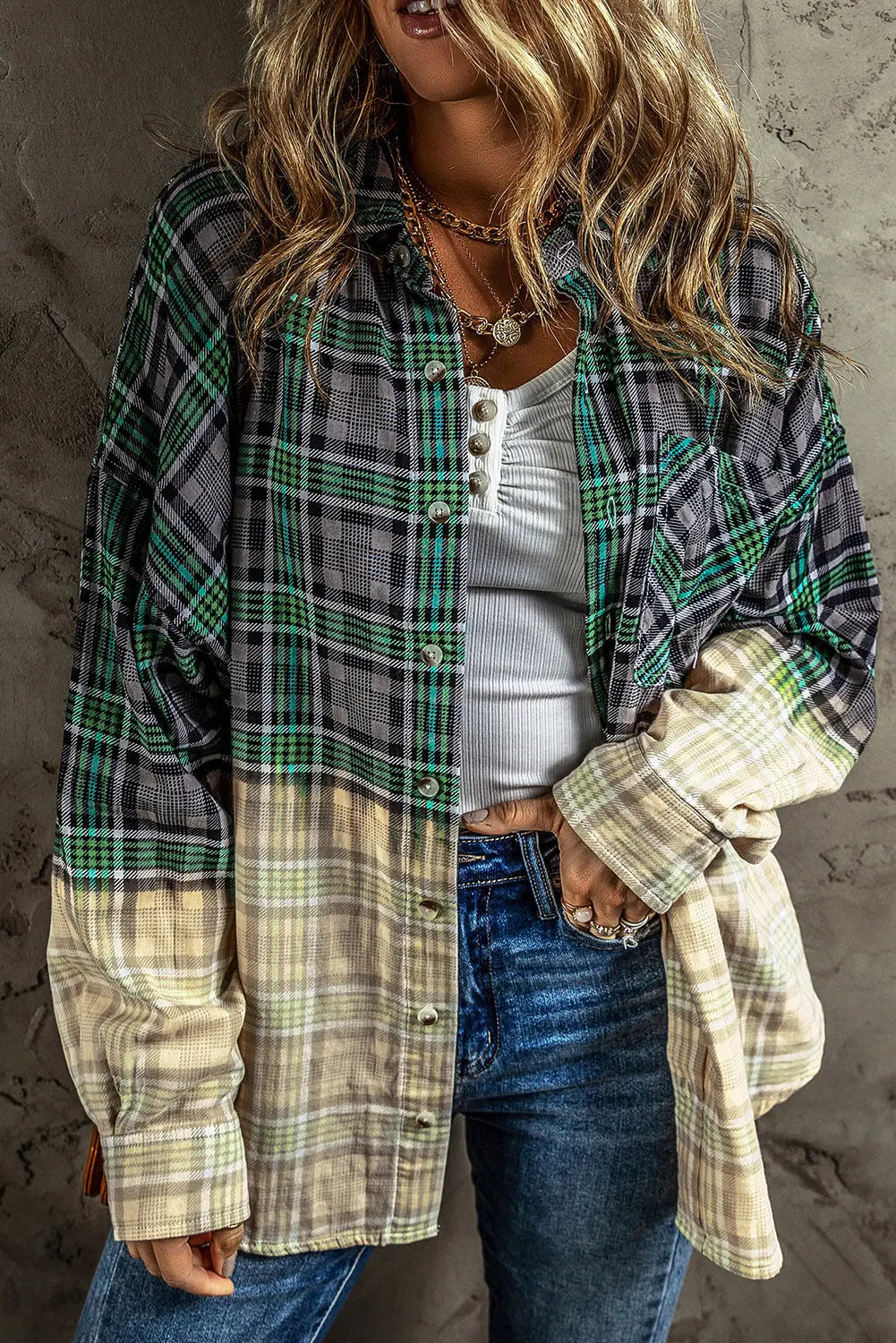 Blackish Green Contrast Plaid Patchwork Chest Pocket Button up Shacket eAura