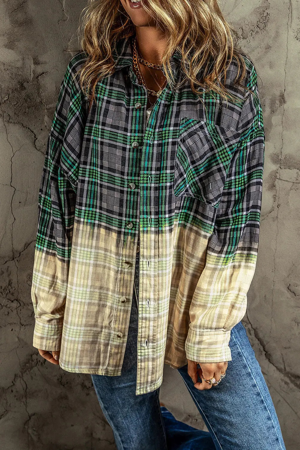 Blackish Green Contrast Plaid Patchwork Chest Pocket Button up Shacket eAura