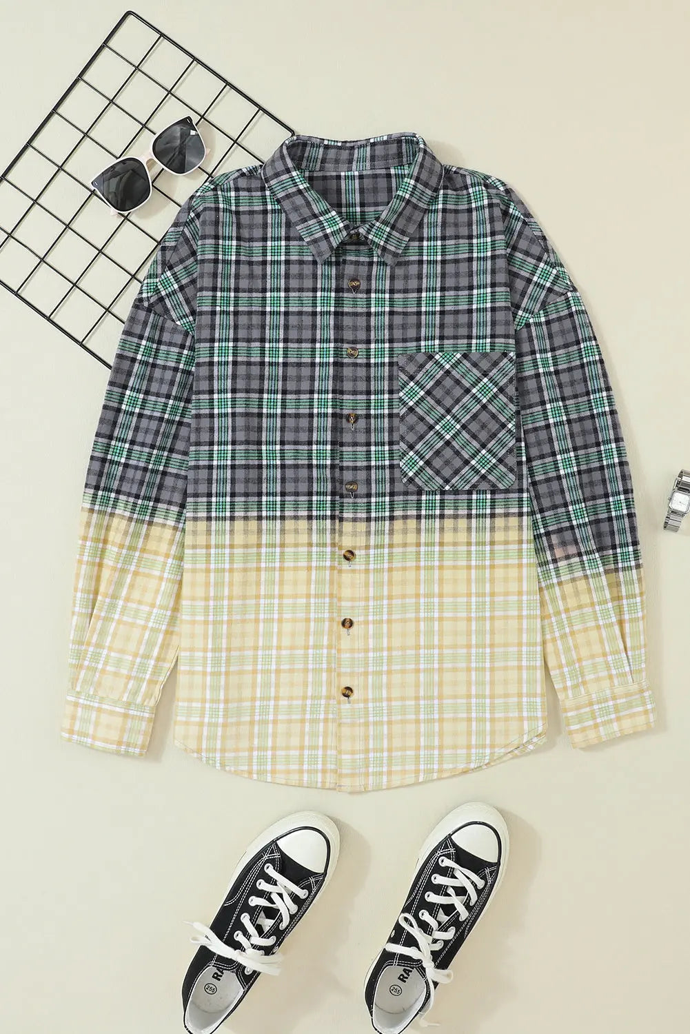 Blackish Green Contrast Plaid Patchwork Chest Pocket Button up Shacket eAura