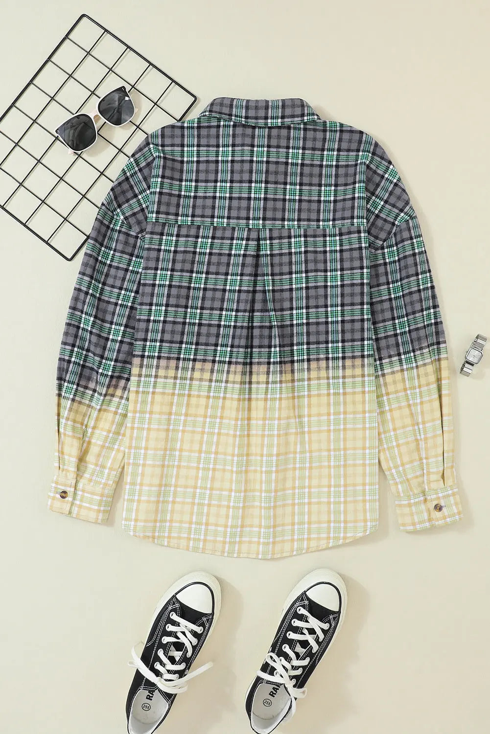 Blackish Green Contrast Plaid Patchwork Chest Pocket Button up Shacket eAura