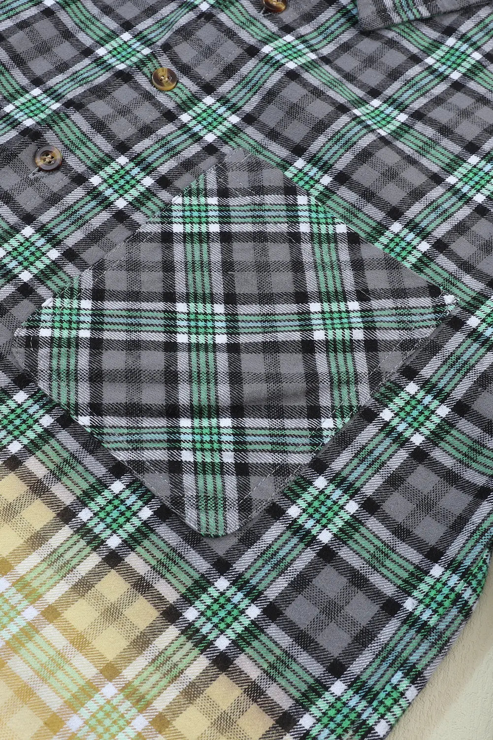 Blackish Green Contrast Plaid Patchwork Chest Pocket Button up Shacket eAura