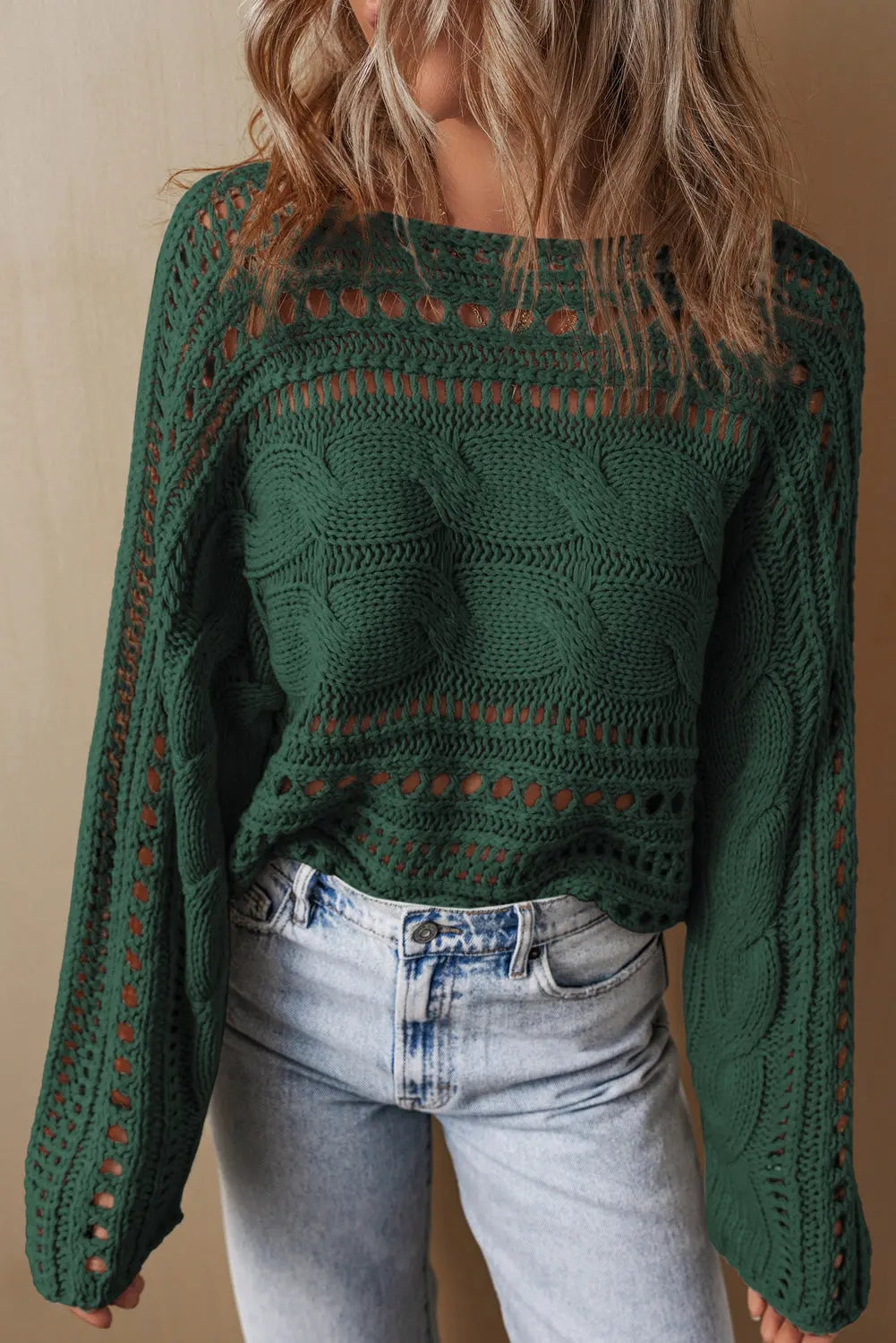 Blackish Green Hollow-out Cable Knit Cropped Sweater Beagle Boutique Fashion Outlet