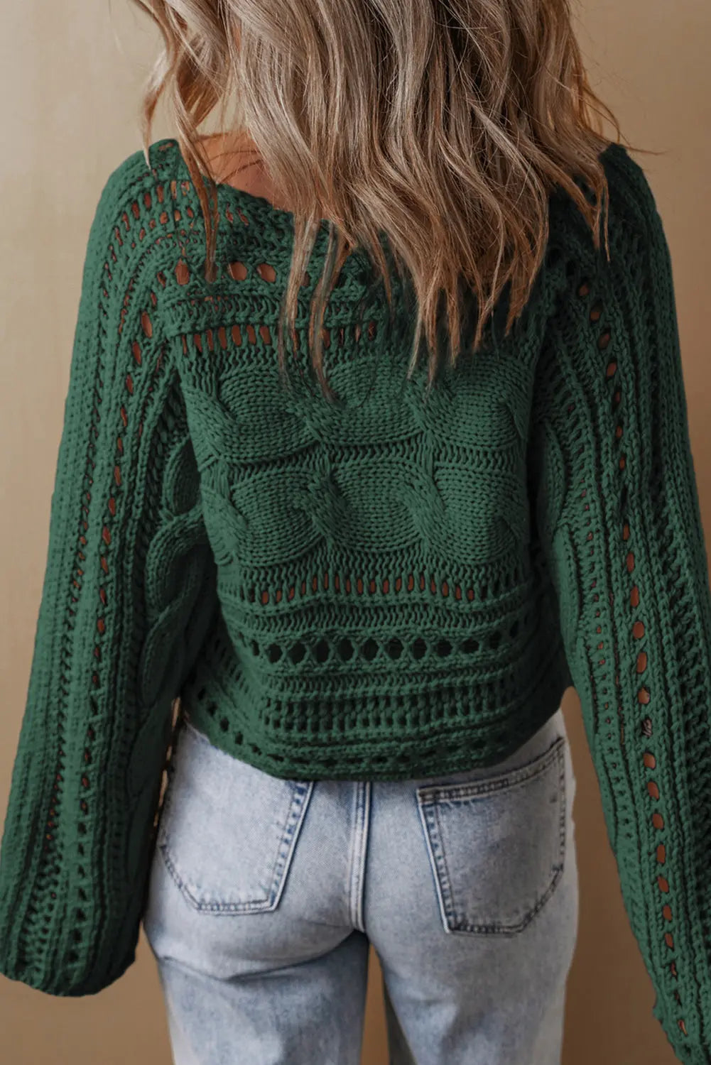 Blackish Green Hollow-out Cable Knit Cropped Sweater Beagle Boutique Fashion Outlet