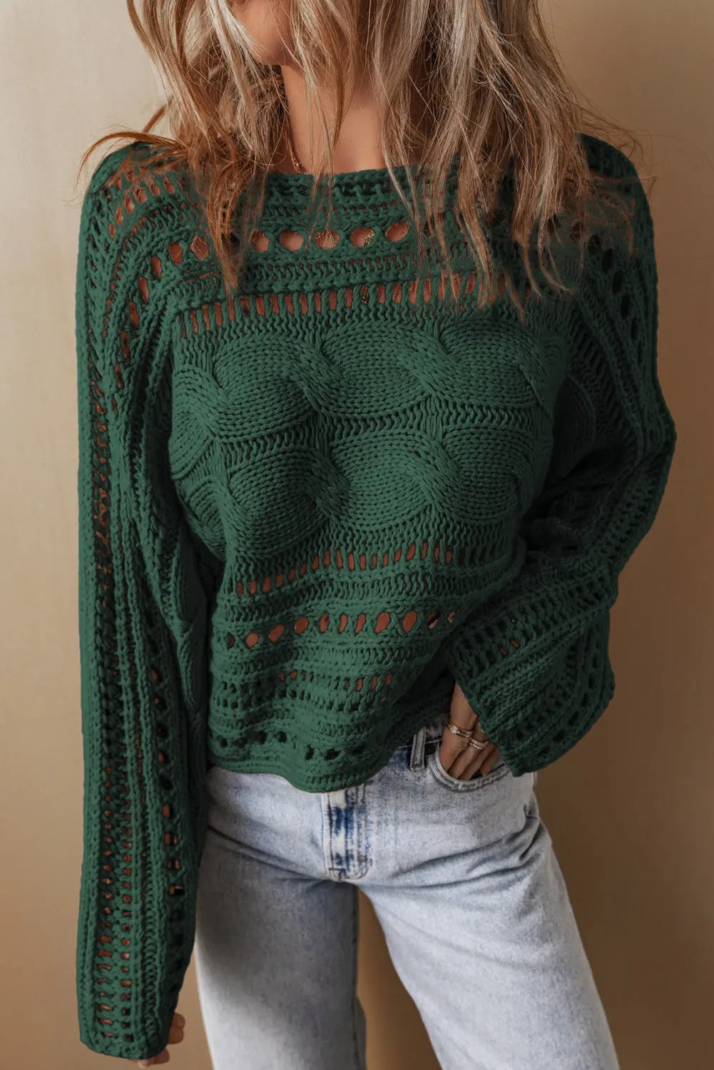 Blackish Green Hollow-out Cable Knit Cropped Sweater Beagle Boutique Fashion Outlet