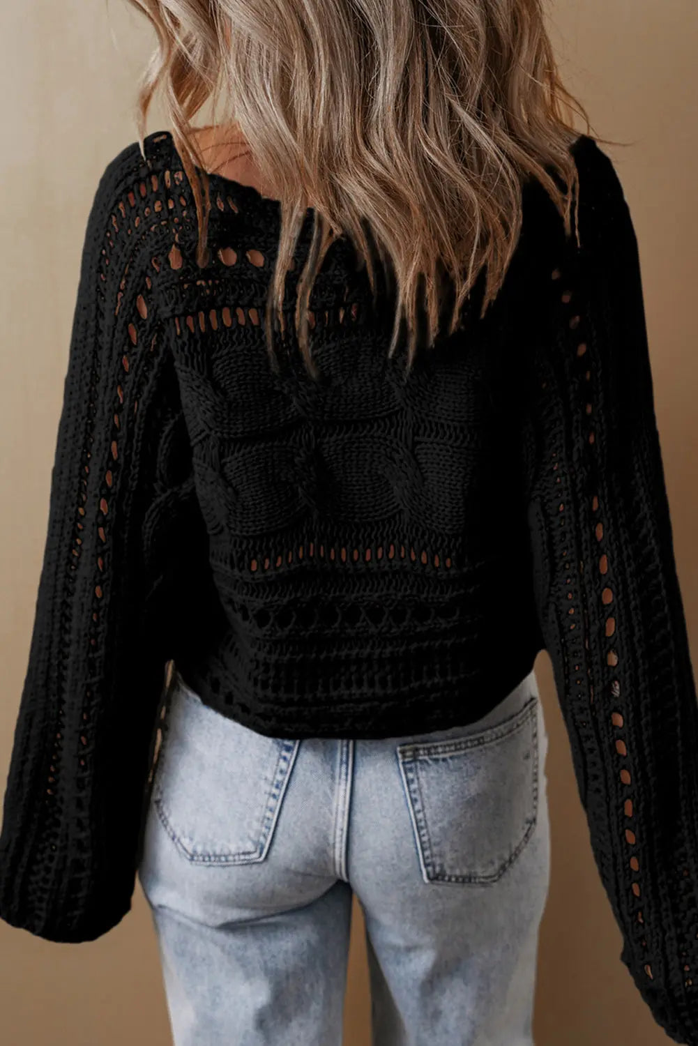 Blackish Green Hollow-out Cable Knit Cropped Sweater Beagle Boutique Fashion Outlet