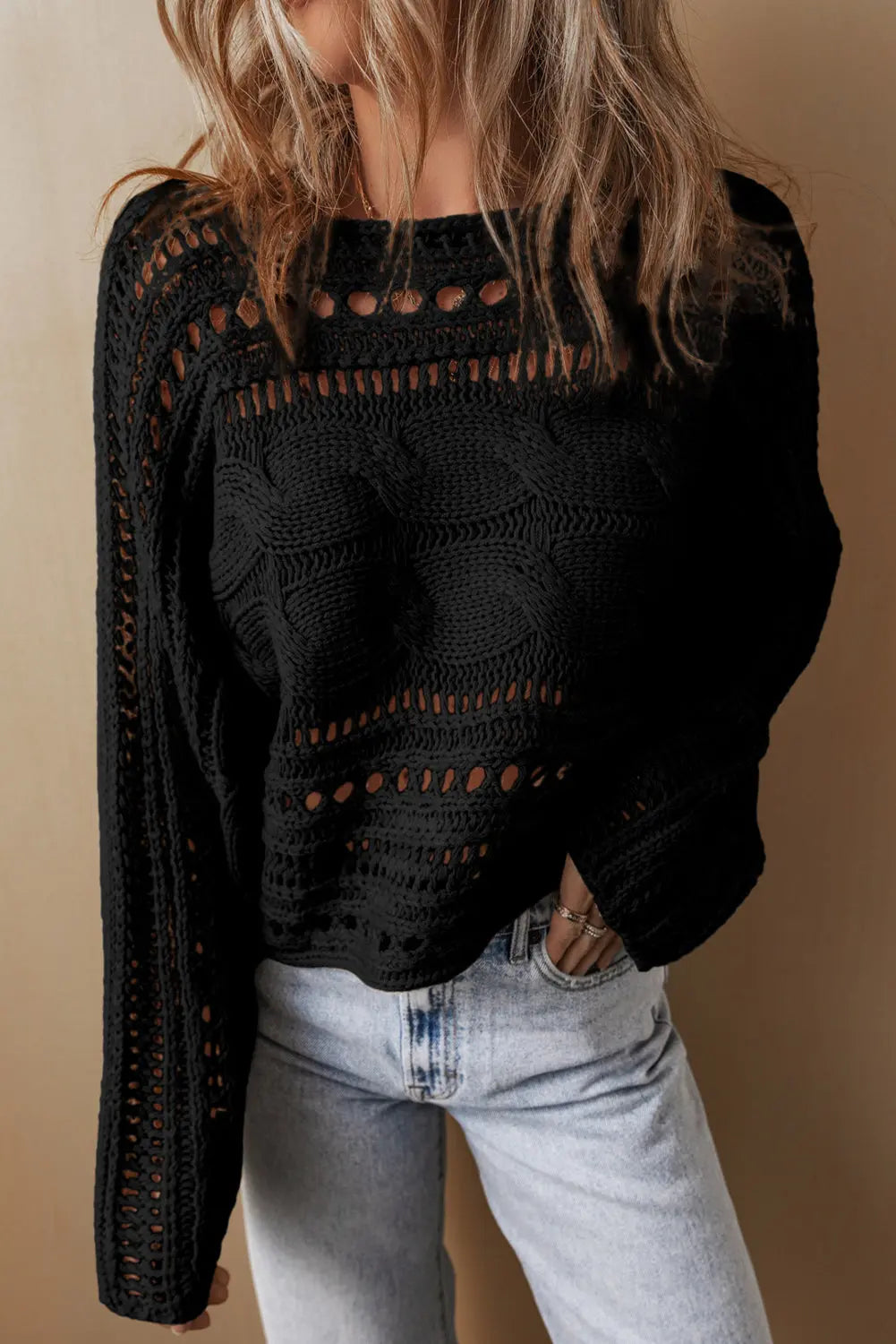Blackish Green Hollow-out Cable Knit Cropped Sweater Beagle Boutique Fashion Outlet