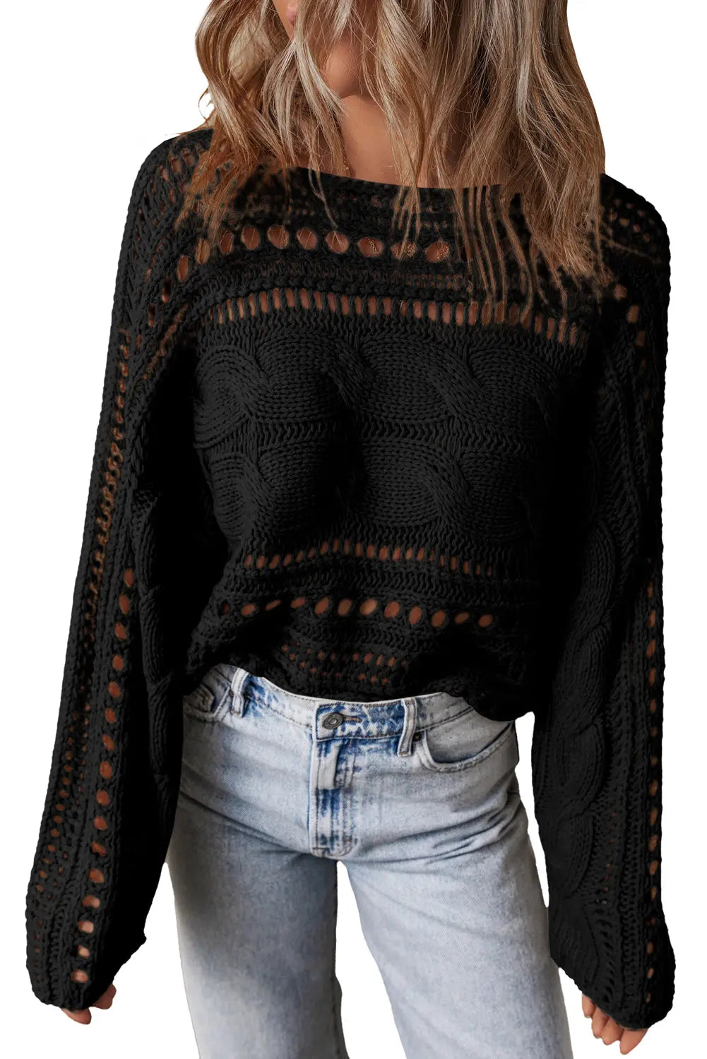 Blackish Green Hollow-out Cable Knit Cropped Sweater Beagle Boutique Fashion Outlet