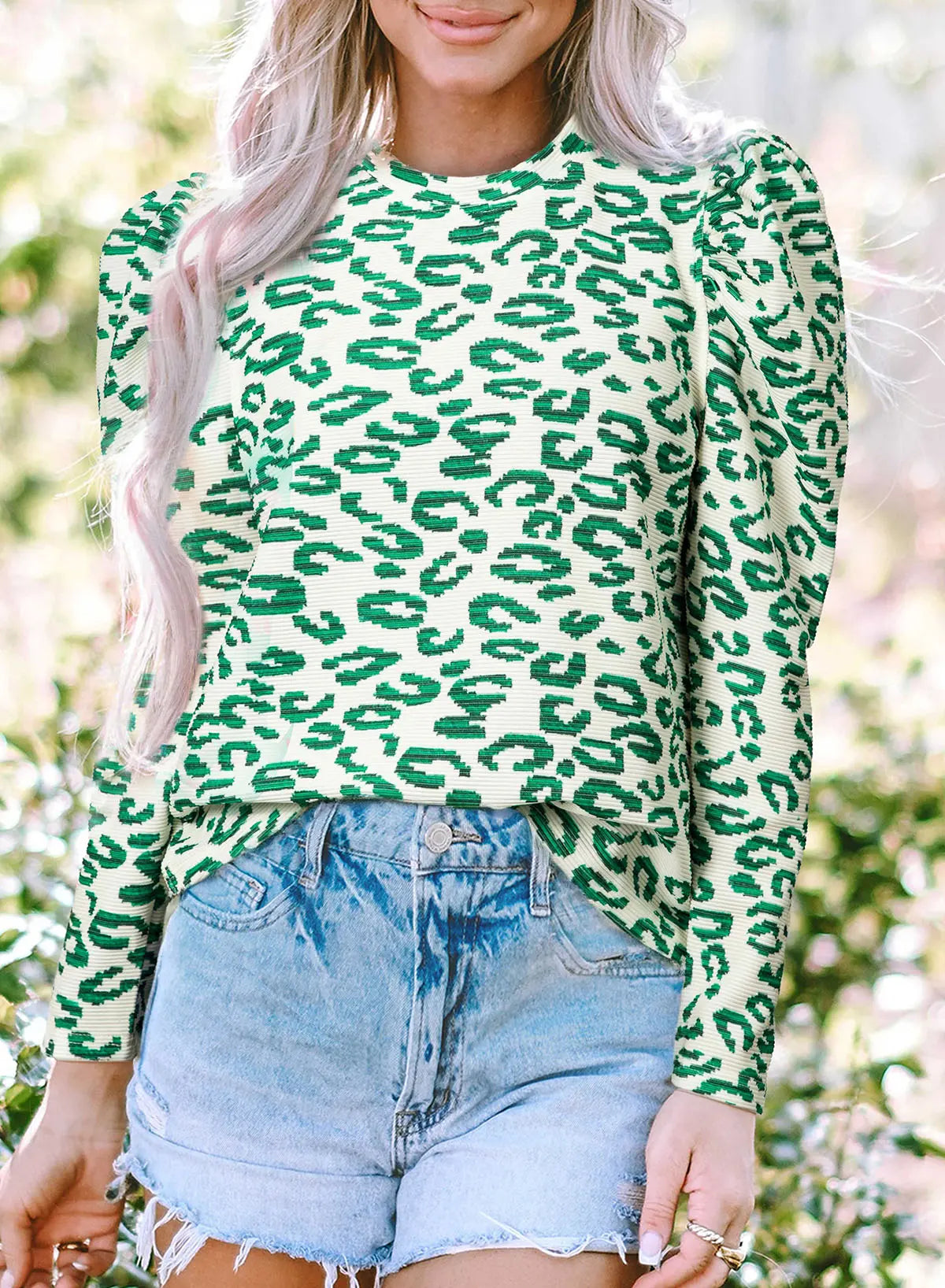 Blackish Green Leopard Print Mock Neck Puff Sleeve Top Beagle Boutique Fashion Outlet