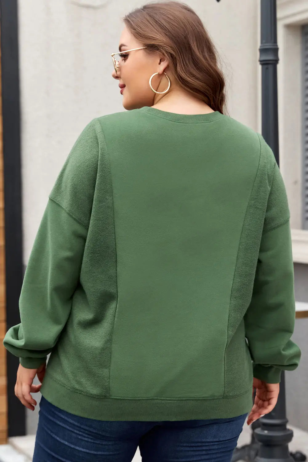 Blackish Green Loose Patchwork Crewneck Plus Size Sweatshirt Beagle Boutique Fashion Outlet