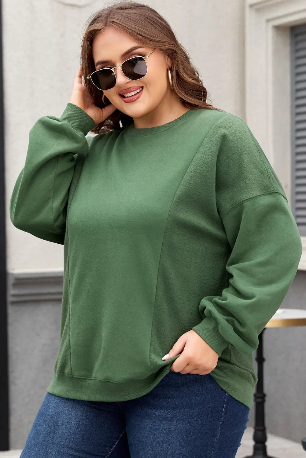 Blackish Green Loose Patchwork Crewneck Plus Size Sweatshirt Beagle Boutique Fashion Outlet