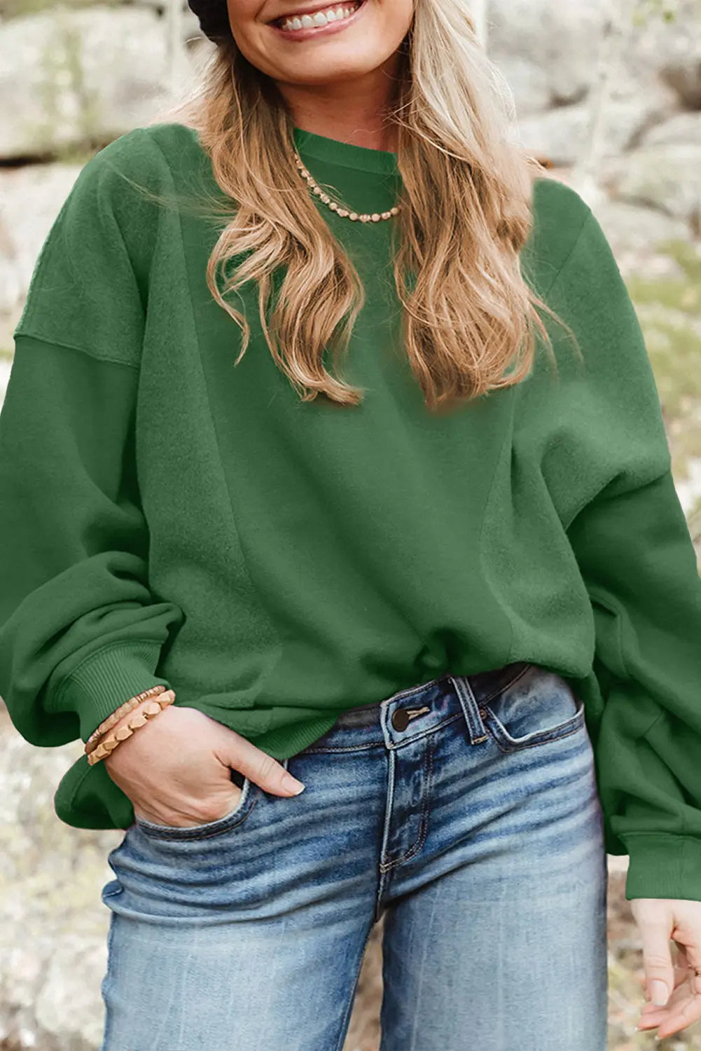 Blackish Green Loose Patchwork Crewneck Plus Size Sweatshirt Beagle Boutique Fashion Outlet