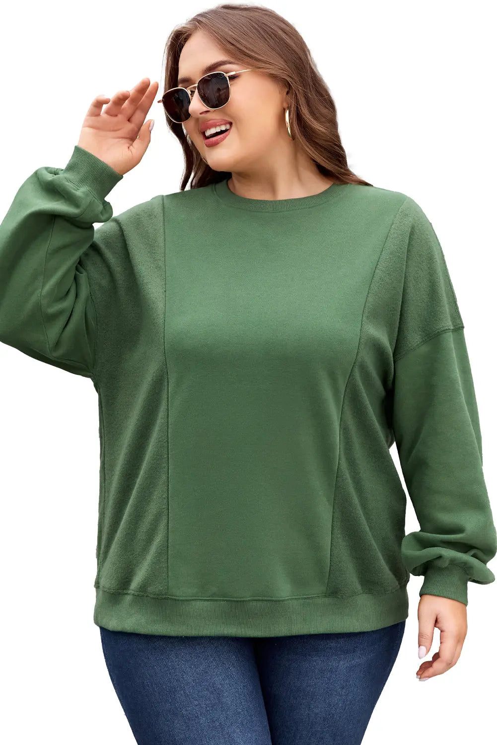 Blackish Green Loose Patchwork Crewneck Plus Size Sweatshirt Beagle Boutique Fashion Outlet