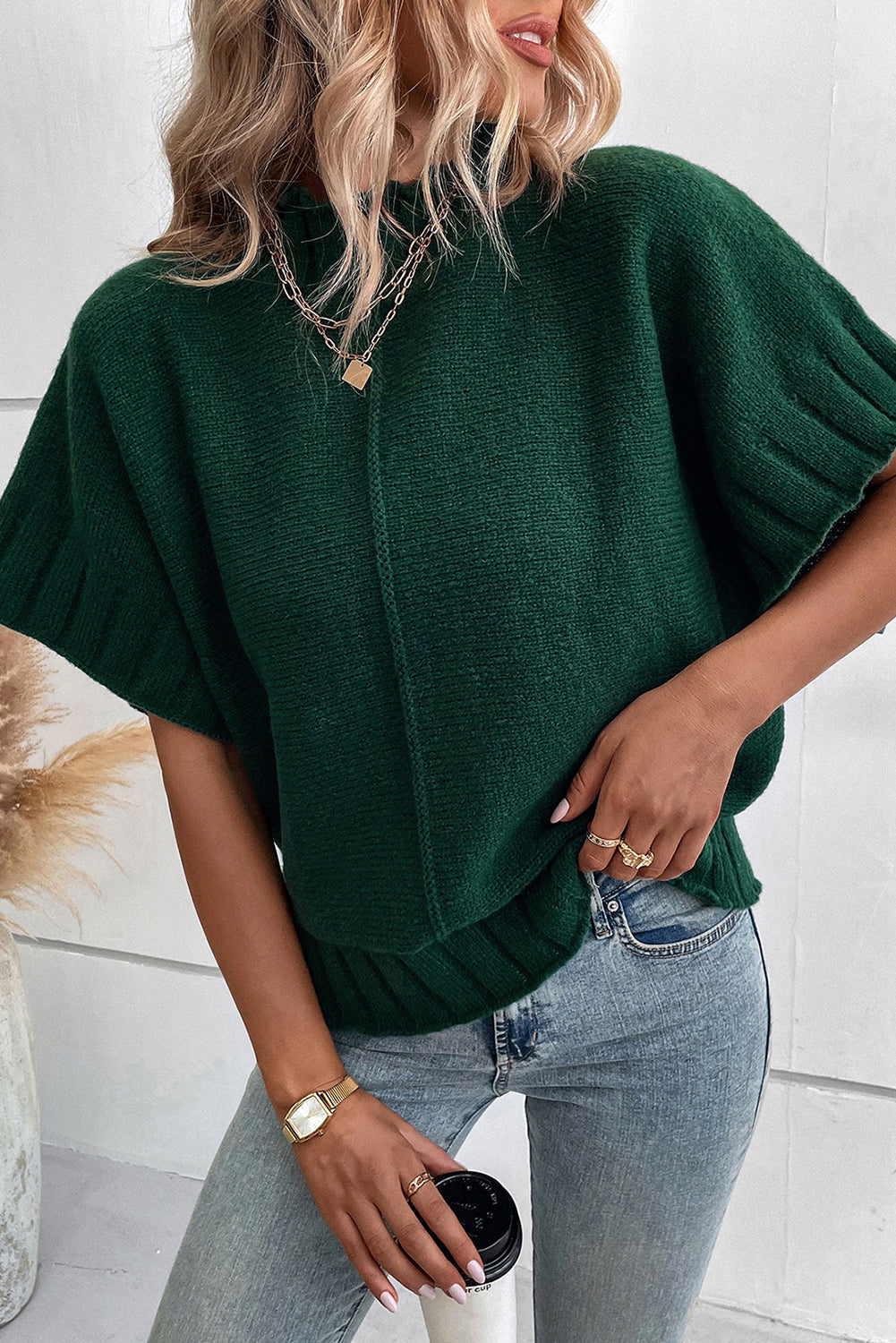 Blackish Green Mock Neck Batwing Short Sleeve Knit Sweater - eAura