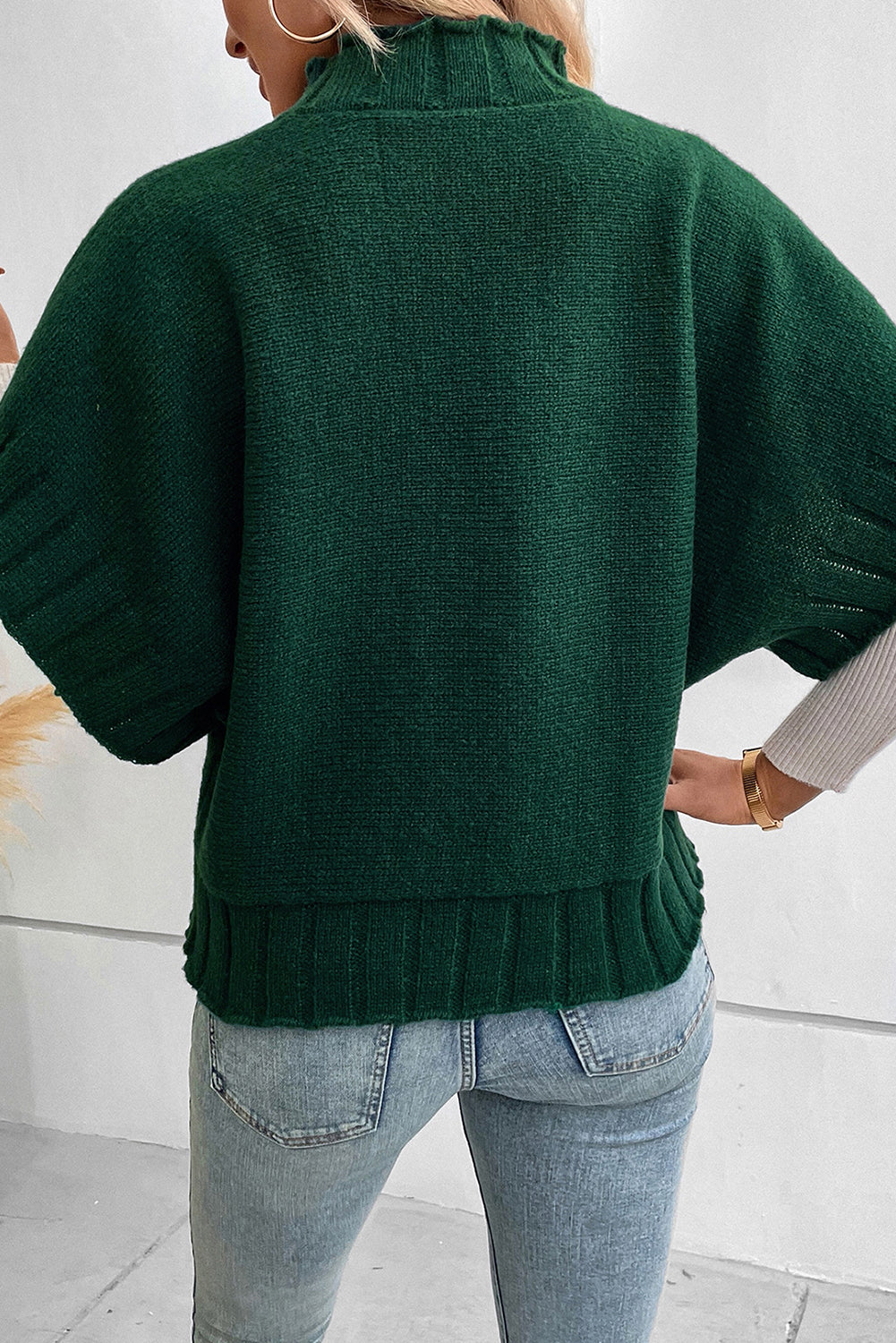 Blackish Green Mock Neck Batwing Short Sleeve Knit Sweater - eAura