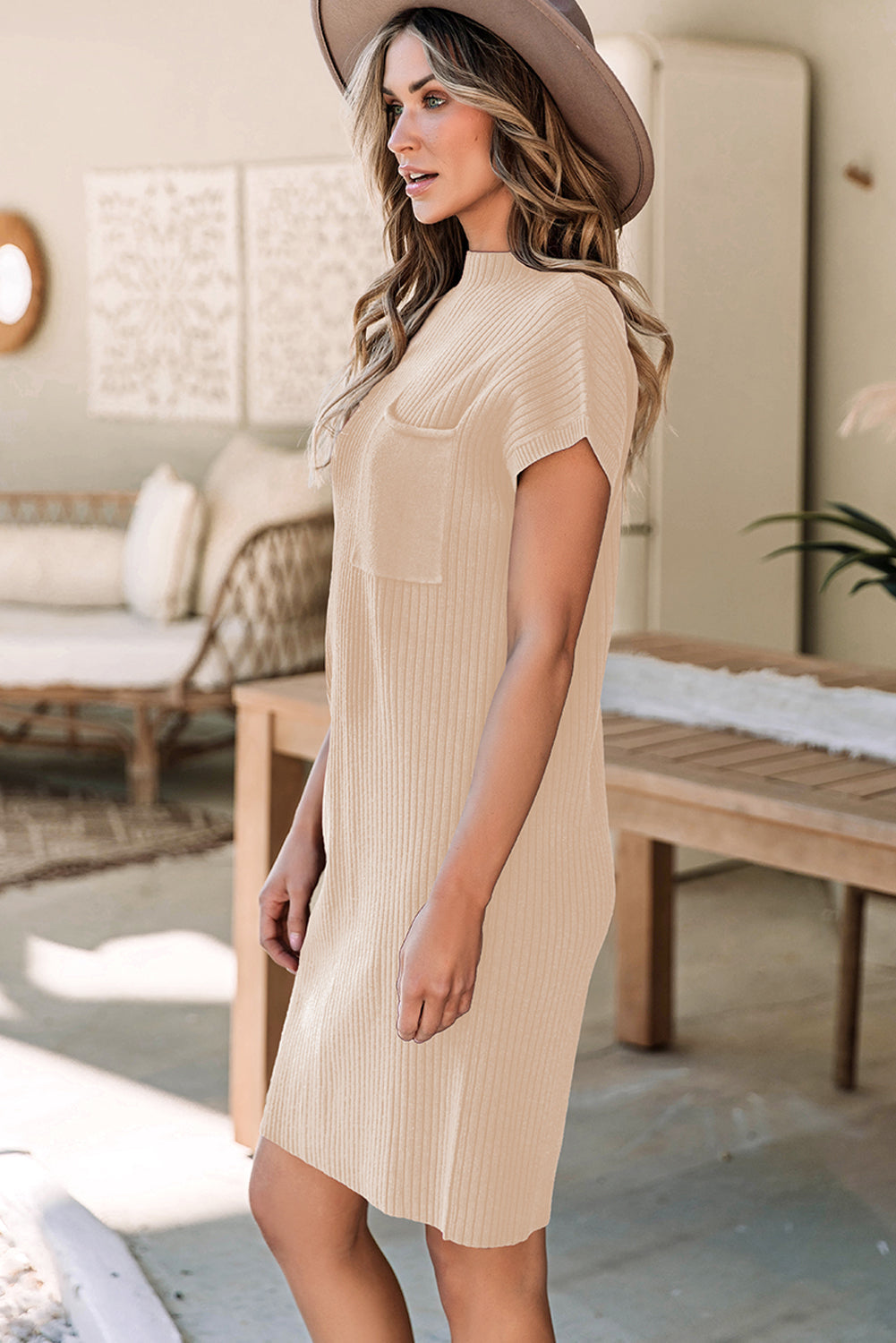 Blackish Green Patch Pocket Ribbed Knit Short Sleeve Sweater Dress - eAura