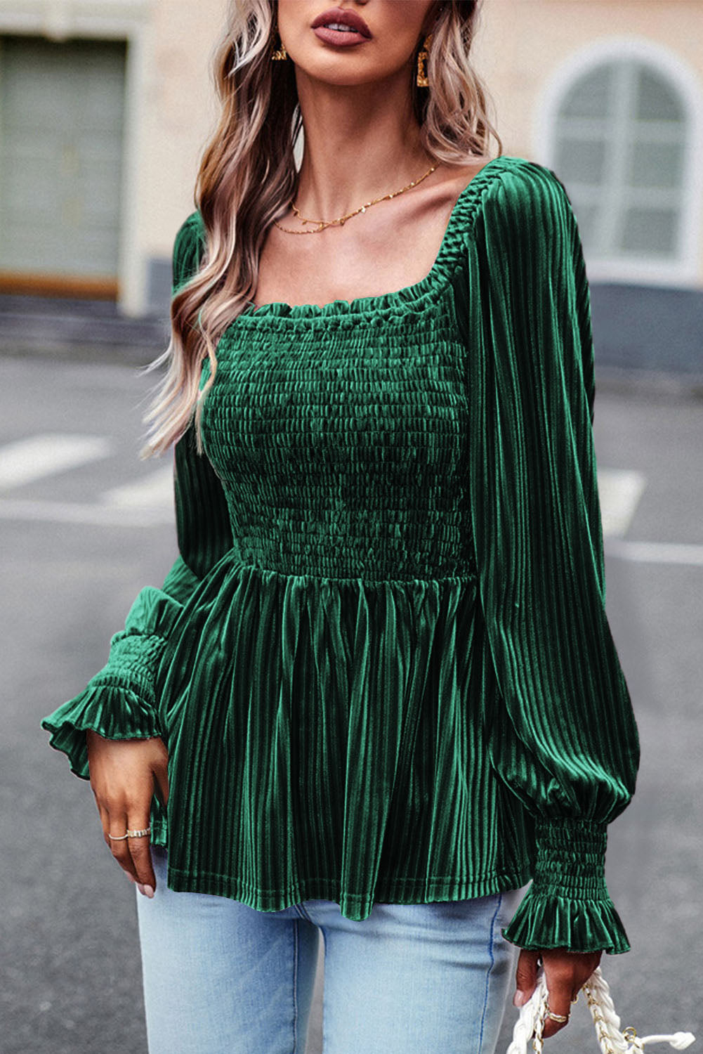 Blackish Green Smocked Ribbed Velvet Babydoll Top - eAura