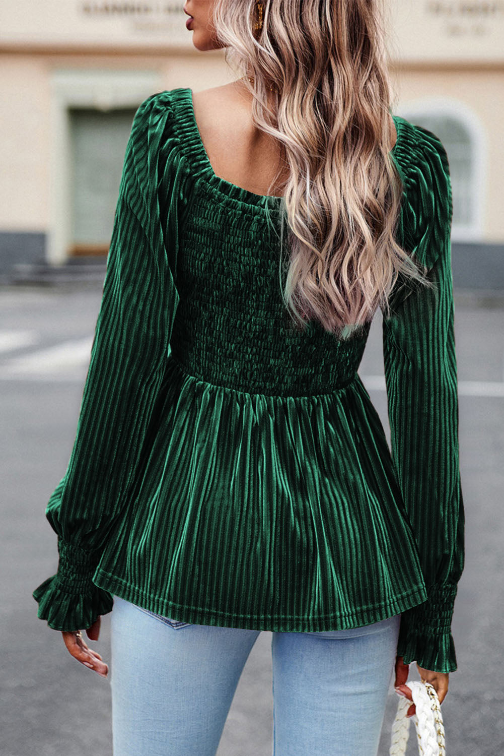 Blackish Green Smocked Ribbed Velvet Babydoll Top - eAura