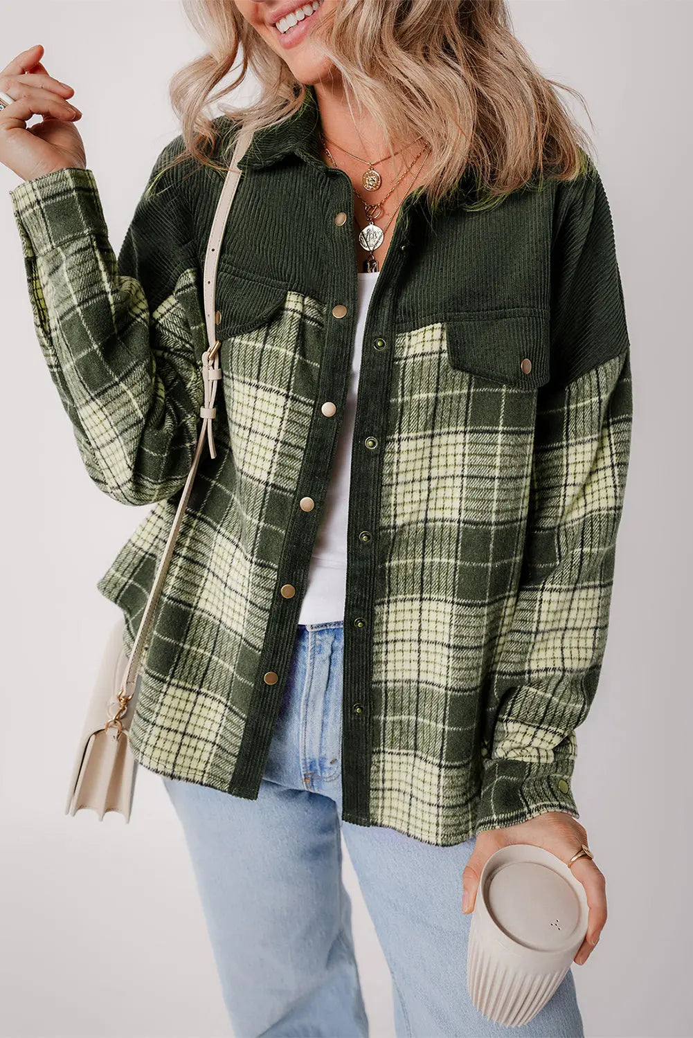 Blackish Green Snap Buttons Colourblock Plaid Shacket eAura