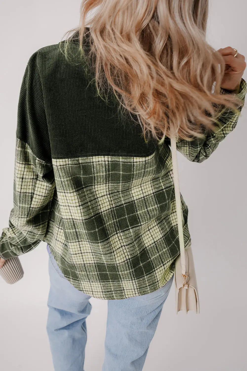 Blackish Green Snap Buttons Colourblock Plaid Shacket eAura
