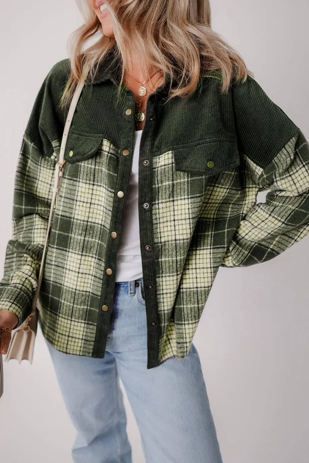 Blackish Green Snap Buttons Colourblock Plaid Shacket eAura