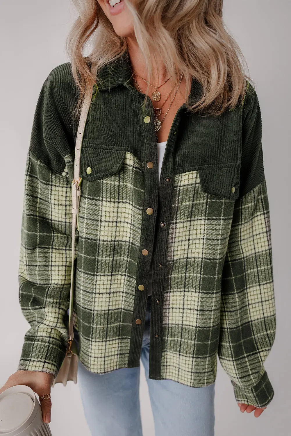 Blackish Green Snap Buttons Colourblock Plaid Shacket eAura