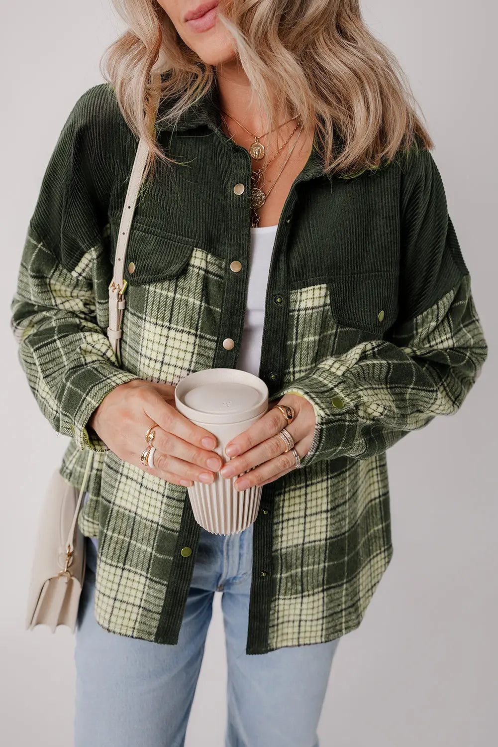 Blackish Green Snap Buttons Colourblock Plaid Shacket eAura
