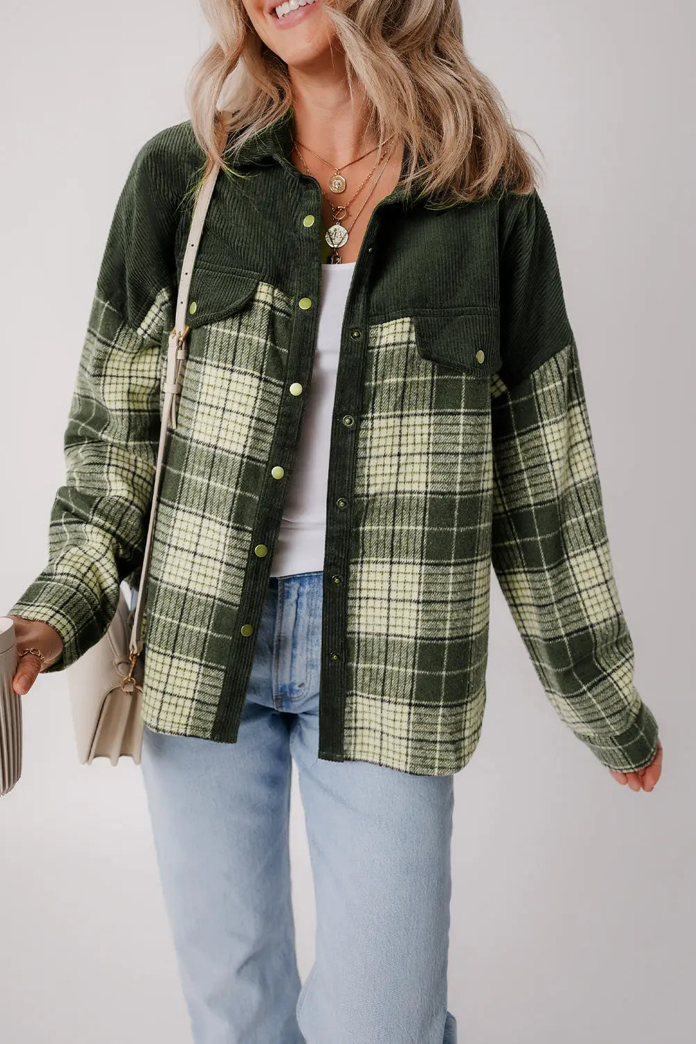 Blackish Green Snap Buttons Colourblock Plaid Shacket eAura