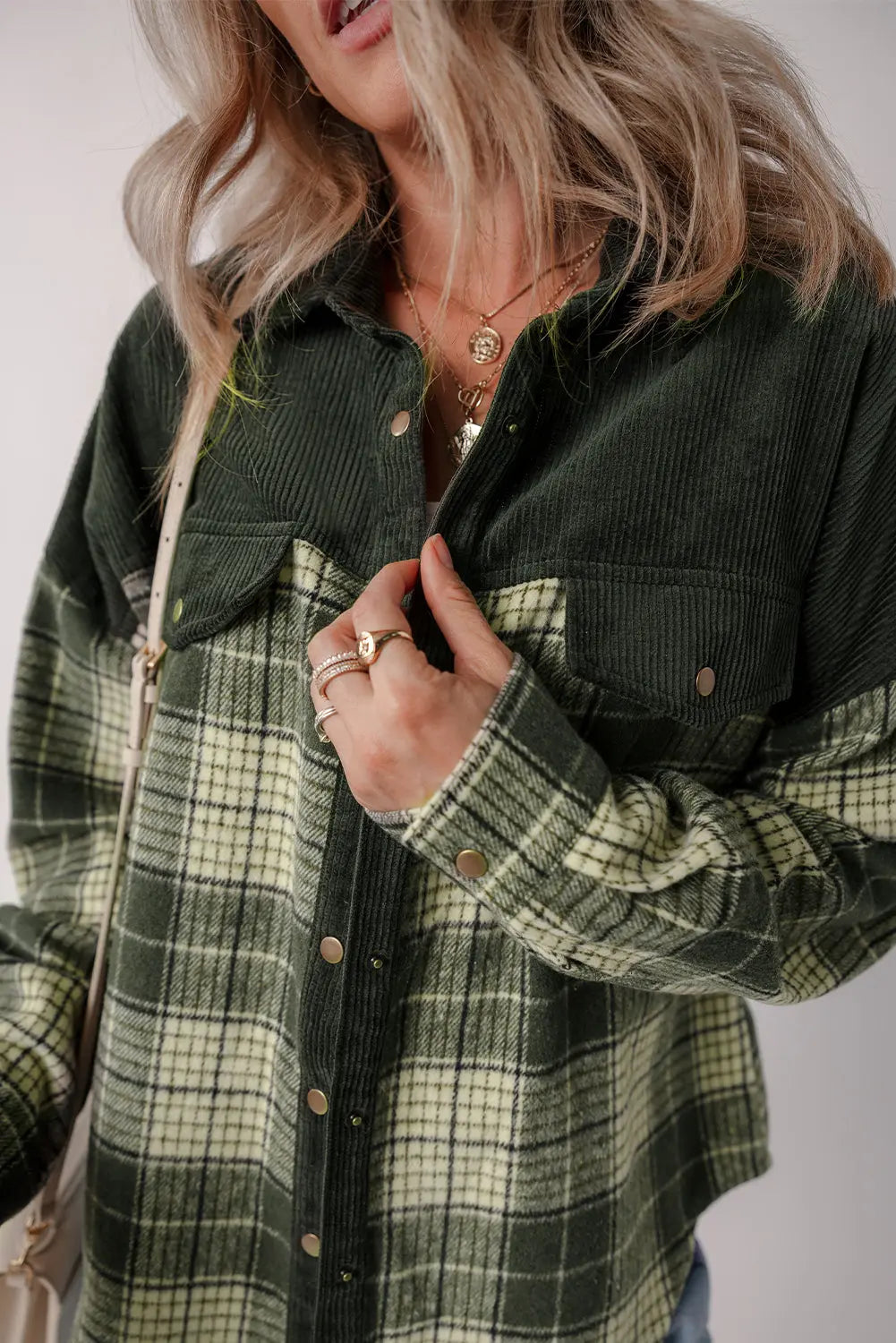 Blackish Green Snap Buttons Colourblock Plaid Shacket eAura