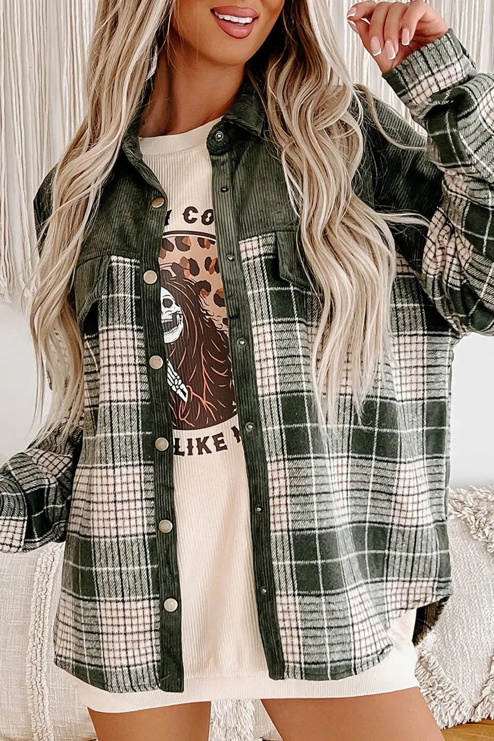 Blackish Green Snap Buttons Colourblock Plaid Shacket eAura