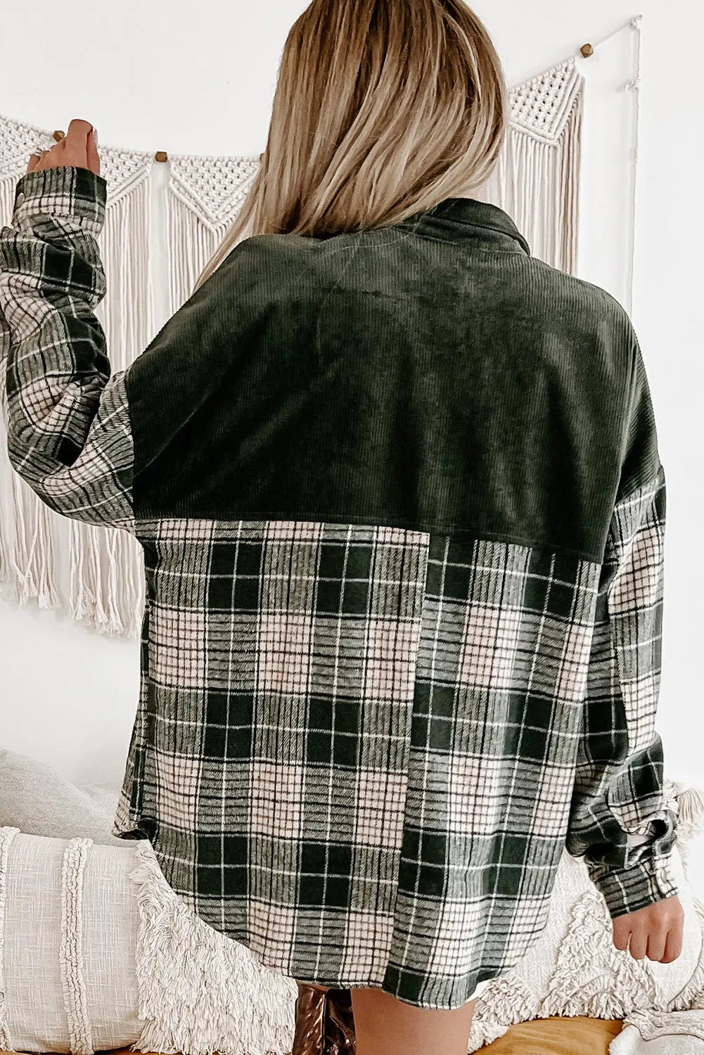 Blackish Green Snap Buttons Colourblock Plaid Shacket eAura