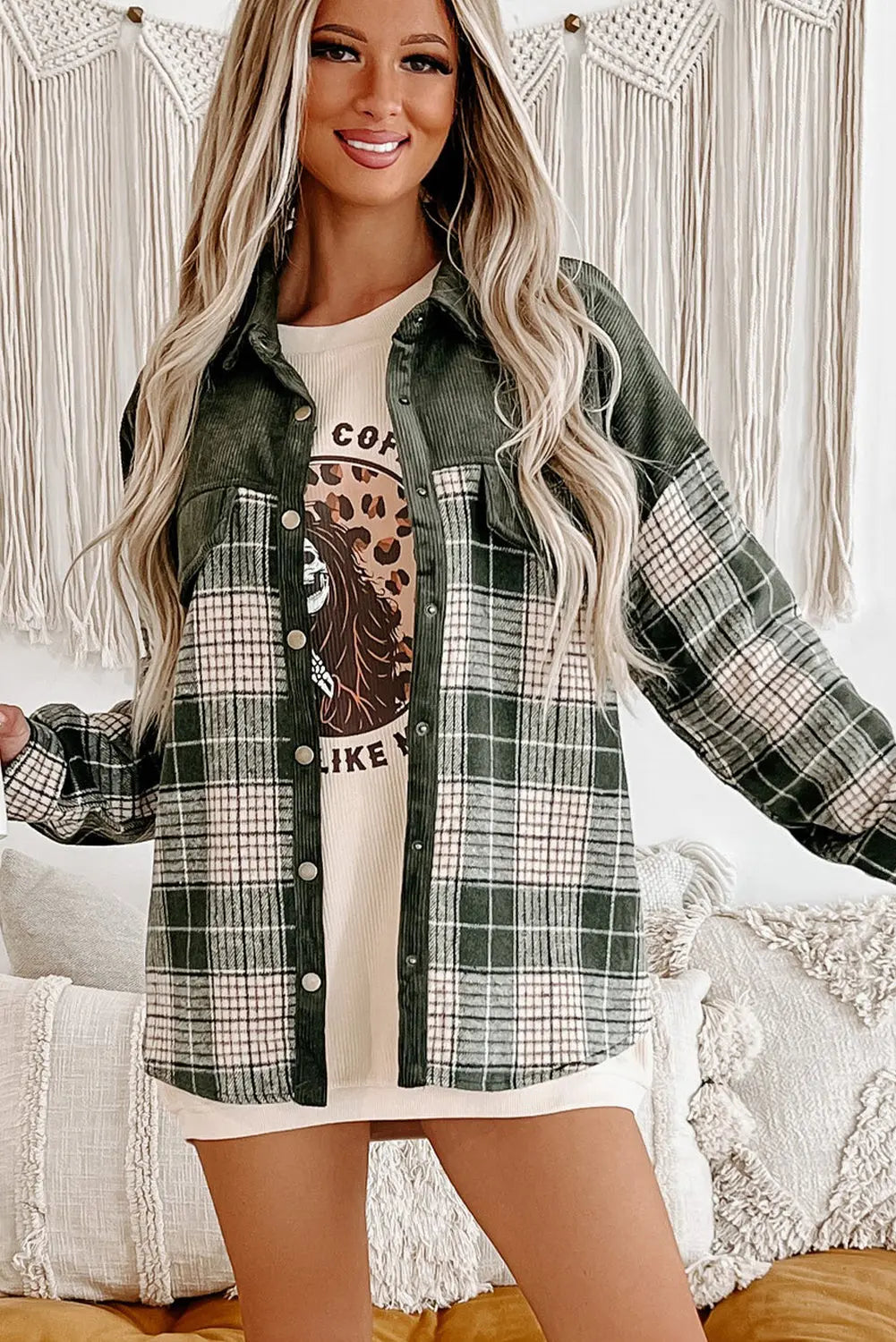 Blackish Green Snap Buttons Colourblock Plaid Shacket eAura