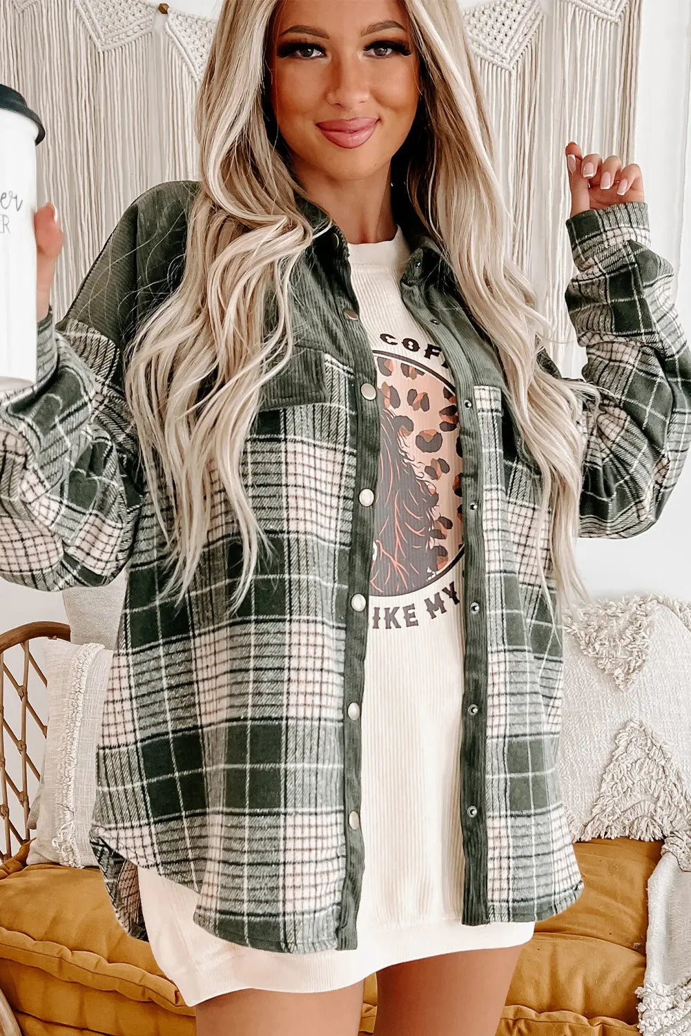 Blackish Green Snap Buttons Colourblock Plaid Shacket eAura