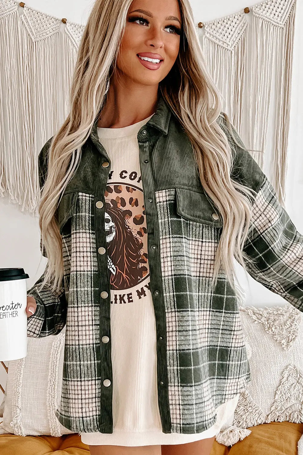 Blackish Green Snap Buttons Colourblock Plaid Shacket eAura