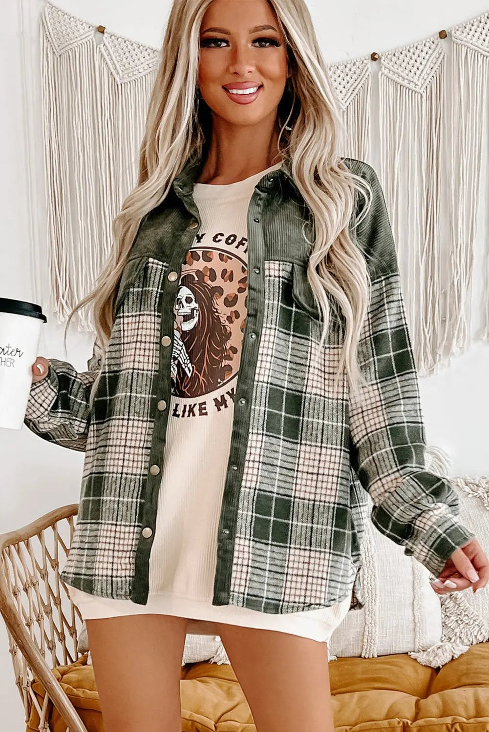 Blackish Green Snap Buttons Colourblock Plaid Shacket eAura