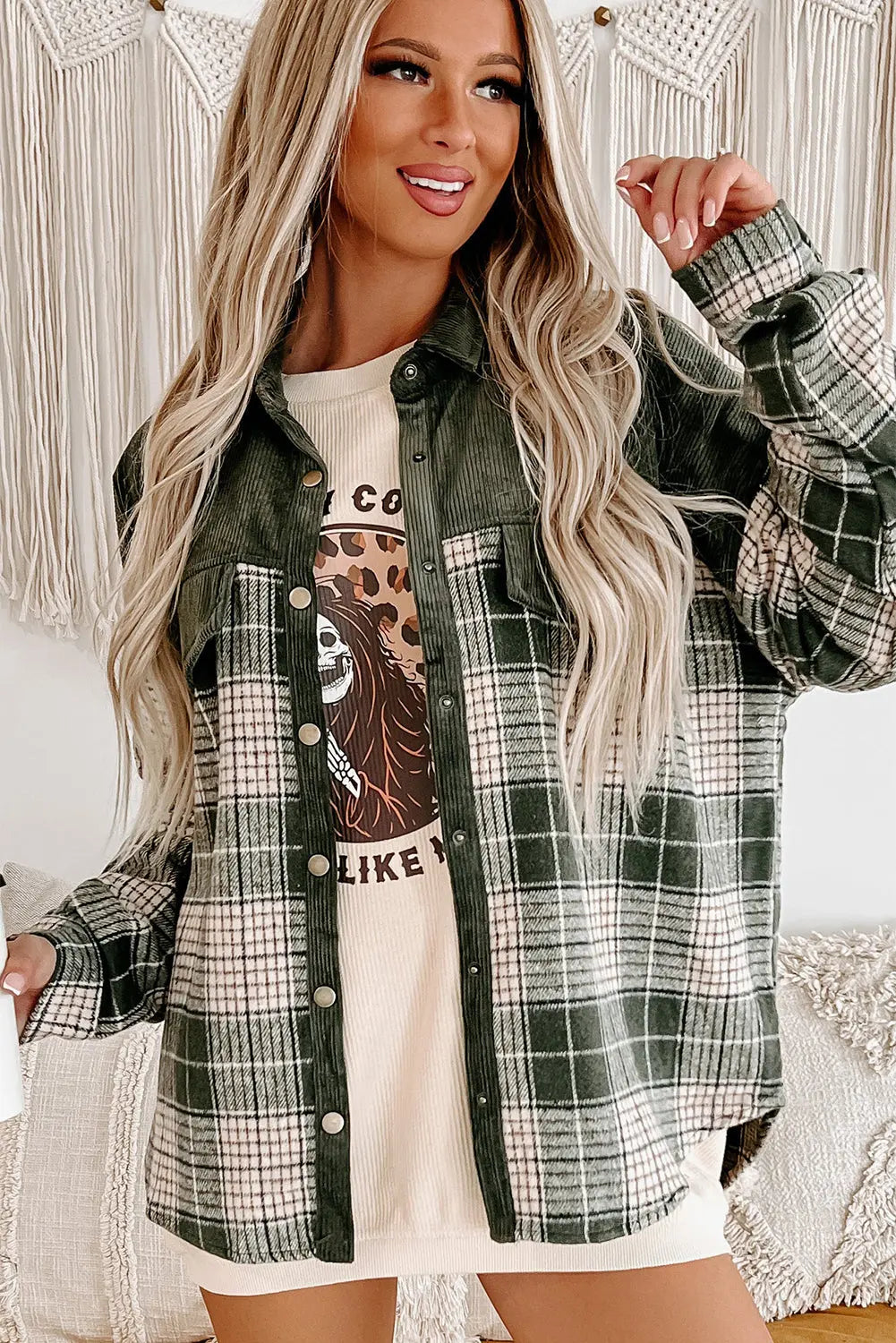 Blackish Green Snap Buttons Colourblock Plaid Shacket eAura
