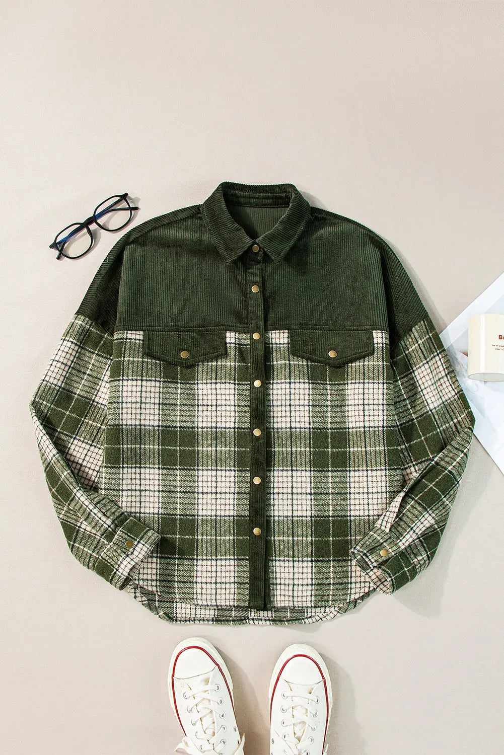 Blackish Green Snap Buttons Colourblock Plaid Shacket eAura